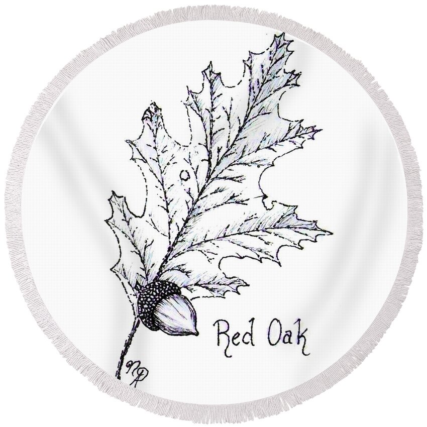 Red Oak Round Beach Towel featuring the drawing Red Oak leaf and acorn by Nicole Angell
