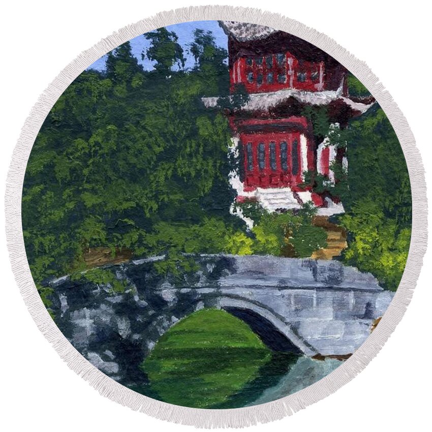 Pagoda Round Beach Towel featuring the painting Red Pagoda by Lynne Reichhart