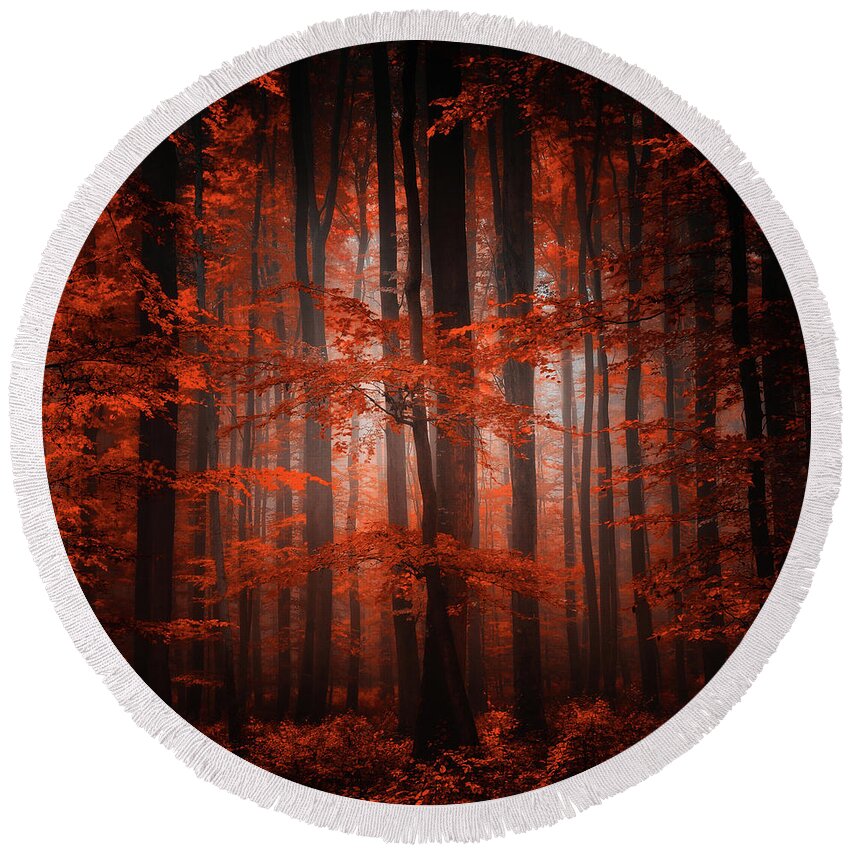 Forest Round Beach Towel featuring the photograph Red Parallel Universe by Philippe Sainte-Laudy