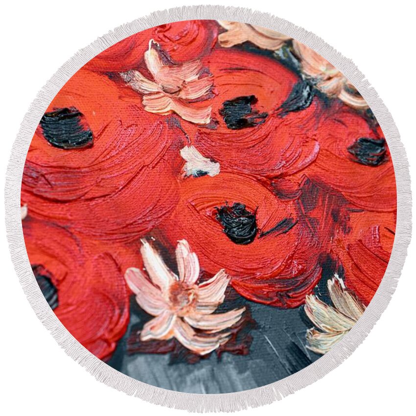 Red Poppy Round Beach Towel featuring the painting Red Perspective by Ramona Matei