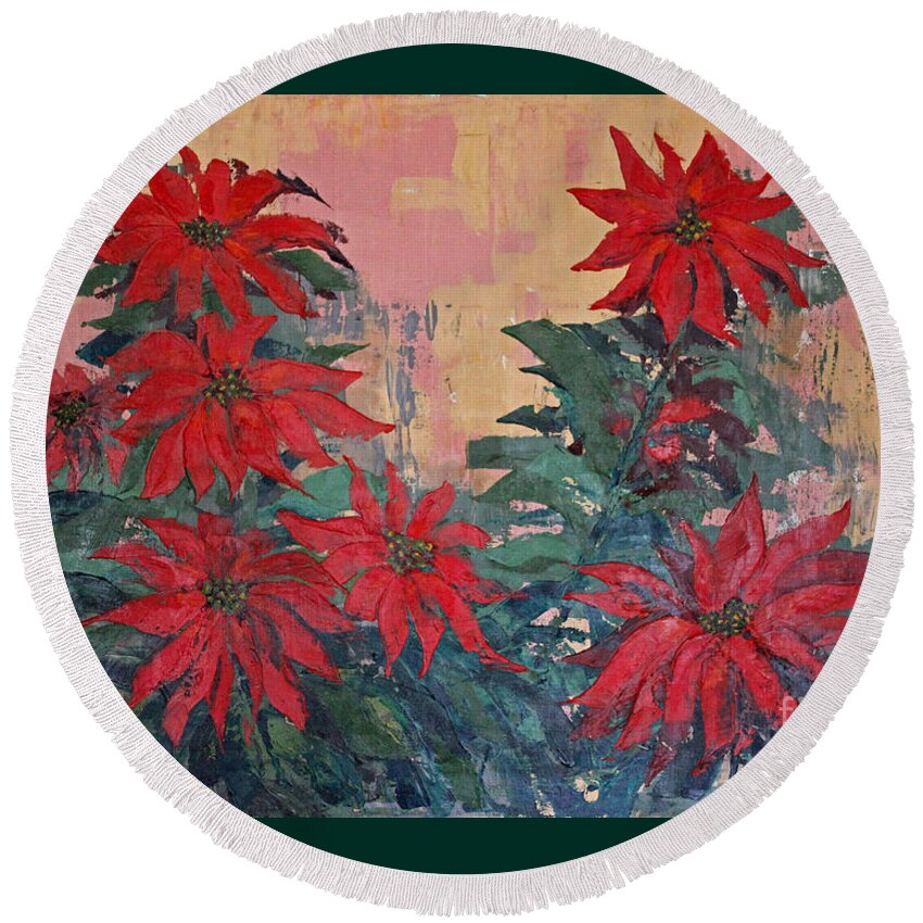 Advent Round Beach Towel featuring the painting Red Poinsettias by George Wood by Karen Adams