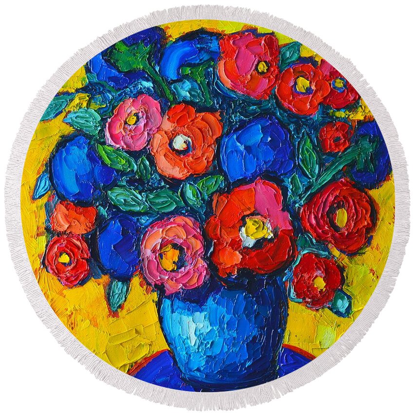 Poppies Round Beach Towel featuring the painting Red Poppies And Blue Flowers - Abstract Floral by Ana Maria Edulescu