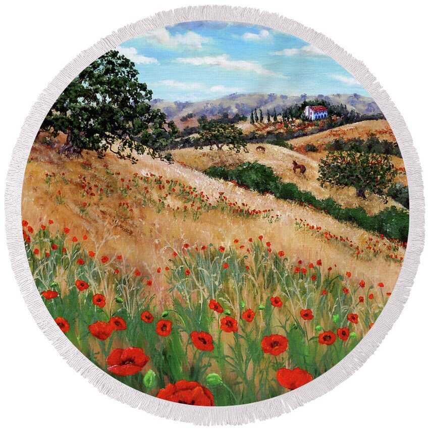 Landscape Round Beach Towel featuring the painting Red Poppies and Wild Rye by Laura Iverson