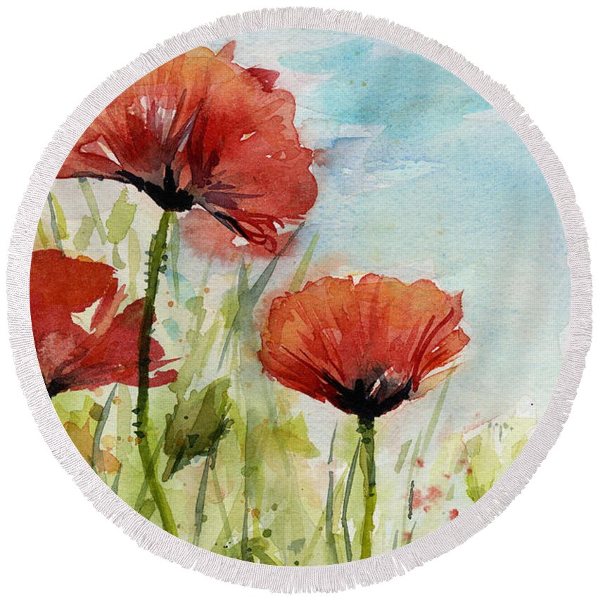Red Poppy Round Beach Towel featuring the painting Red Poppies Watercolor by Olga Shvartsur