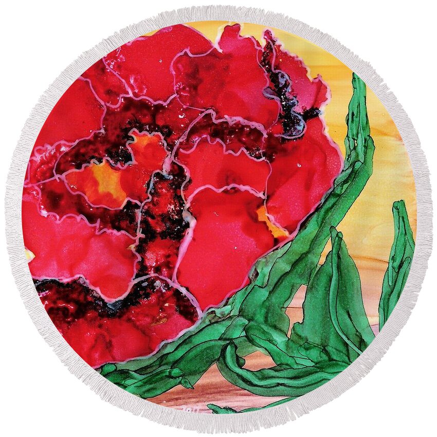 #abstract Round Beach Towel featuring the painting Red Poppy by Linda Stanton