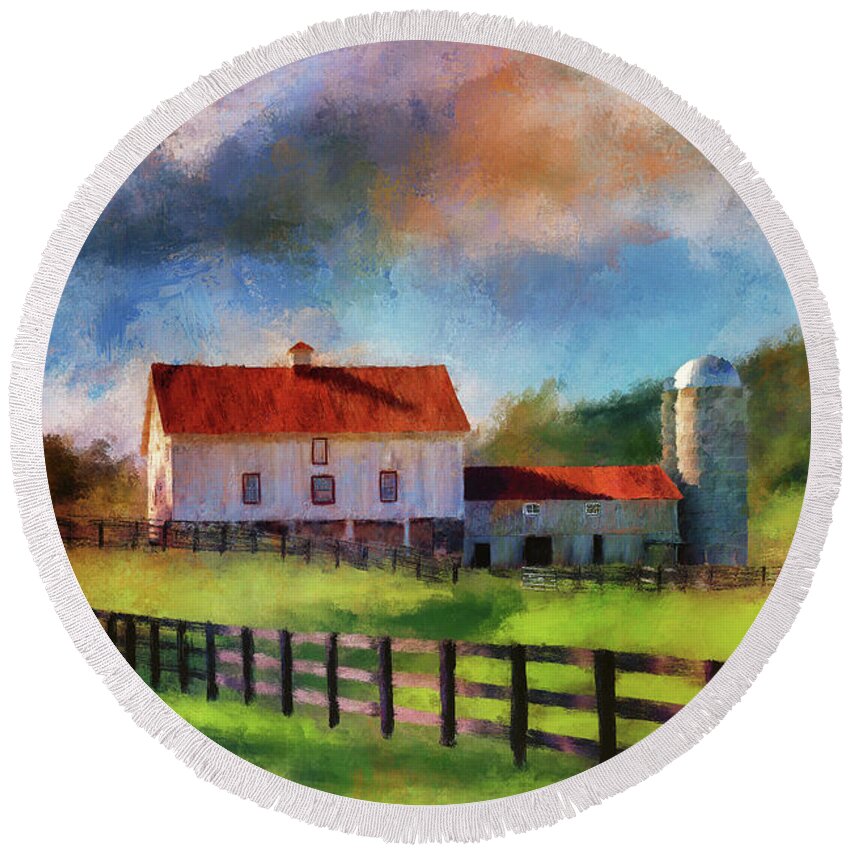 Barn Round Beach Towel featuring the digital art Red Roof Barn by Lois Bryan