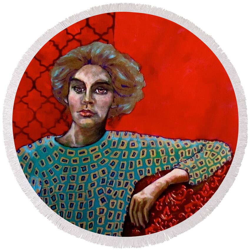 Woman Round Beach Towel featuring the painting Red Room by Barbara O'Toole