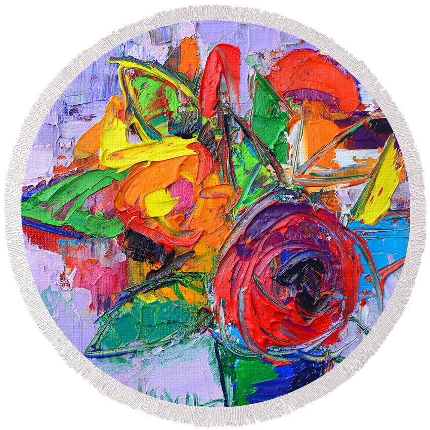 Abstract Round Beach Towel featuring the painting Red Rose And Wildflowers Abstract Modern Impressionist Palette Knife Oil Painting Ana Maria Edulescu by Ana Maria Edulescu