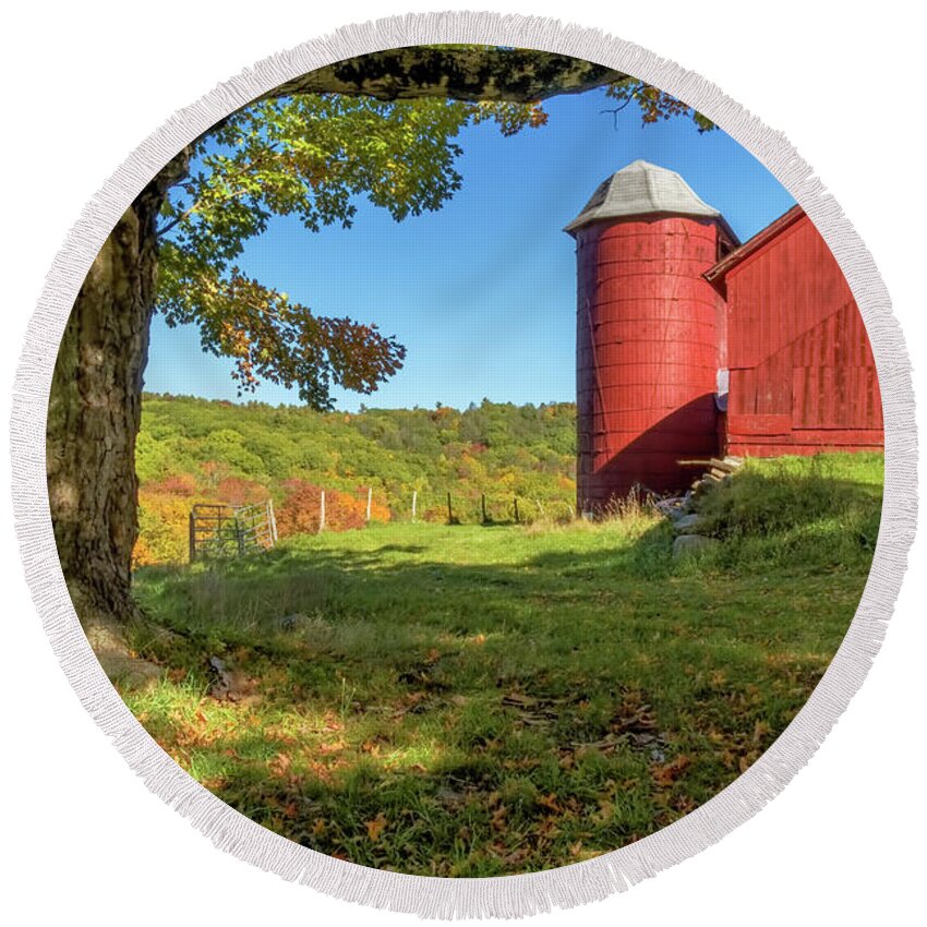 Shelburne Falls Massachusetts Round Beach Towel featuring the photograph Red Silo by Tom Singleton