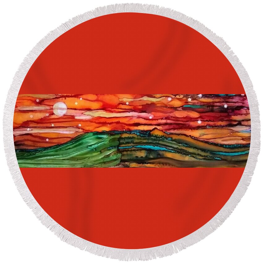 Alcohol Ink Prints Round Beach Towel featuring the painting East Meets West by Betsy Carlson Cross
