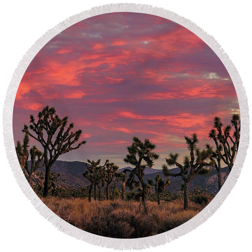 California Round Beach Towel featuring the photograph Red Sky Over Joshua Tree by John Hight