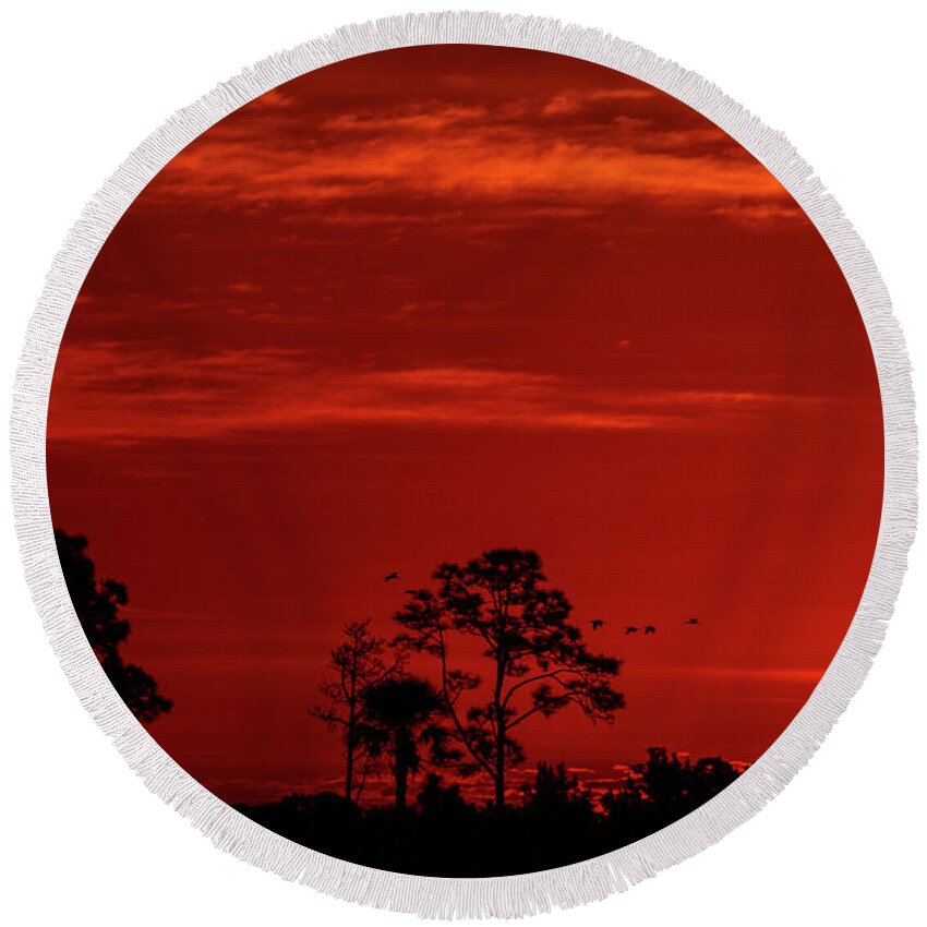 Sky Round Beach Towel featuring the photograph Red Sky Sunrise by Tom Claud