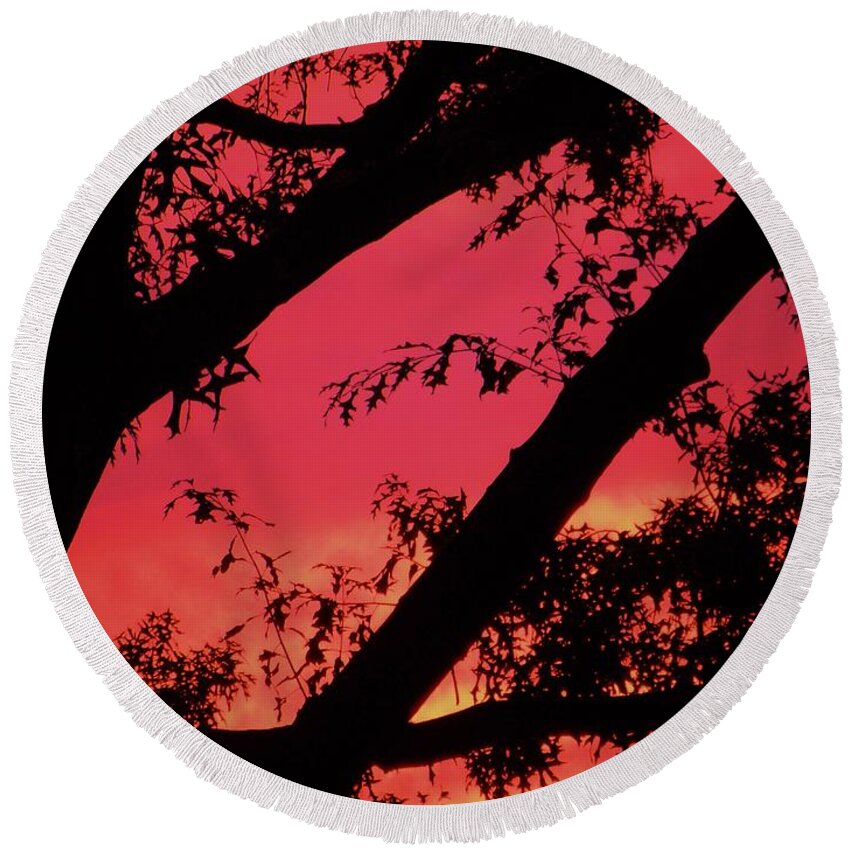 Tree Round Beach Towel featuring the photograph Red Sky by Susan Carella