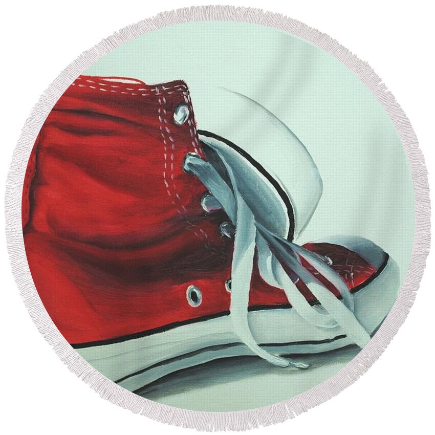 Oil Round Beach Towel featuring the painting Red Sneakers by Nolan Clark
