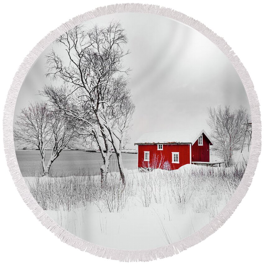 Norway Round Beach Towel featuring the photograph Red Solitude by Philippe Sainte-Laudy