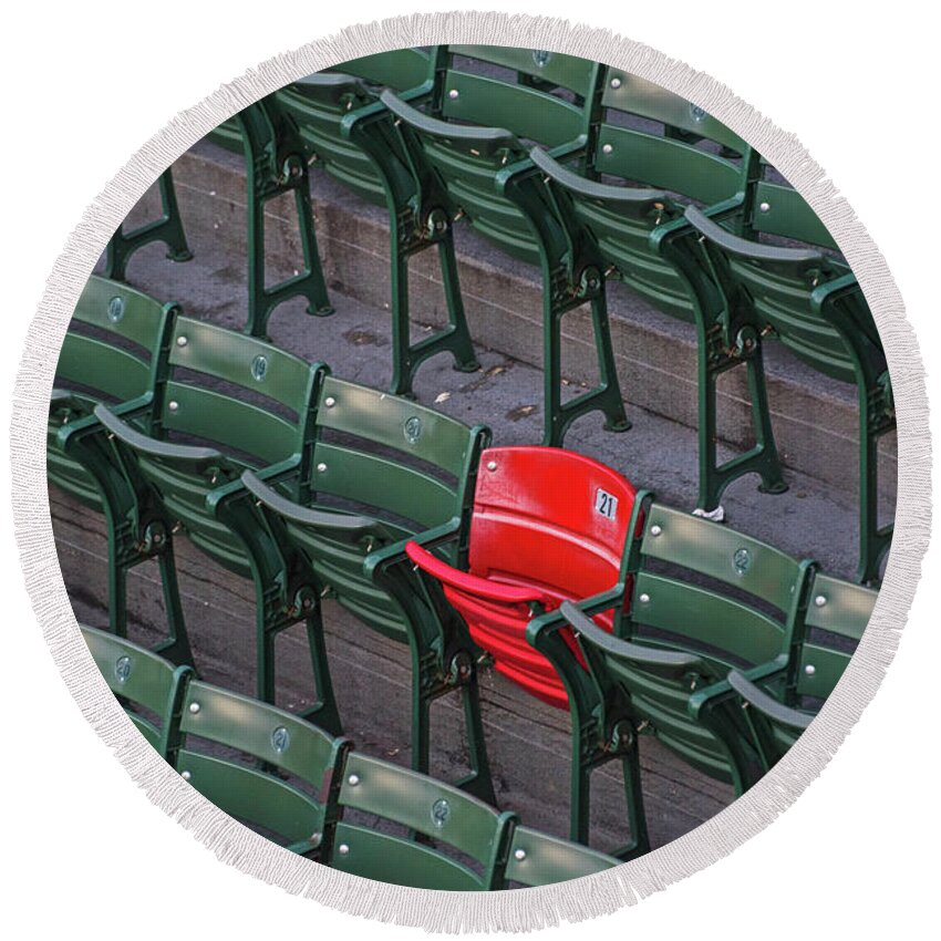 Ted Round Beach Towel featuring the photograph Red Sox Ted Williams Homerun Red Seat Close Up by Toby McGuire