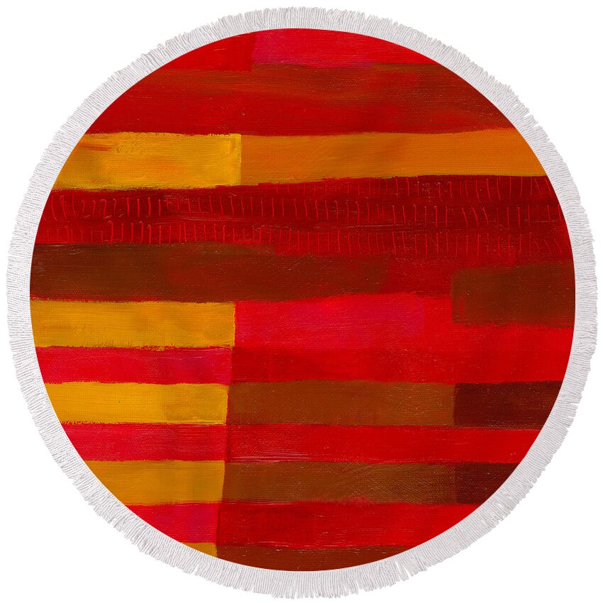 Abstract Art Round Beach Towel featuring the painting Red Stripes 1 by Jane Davies