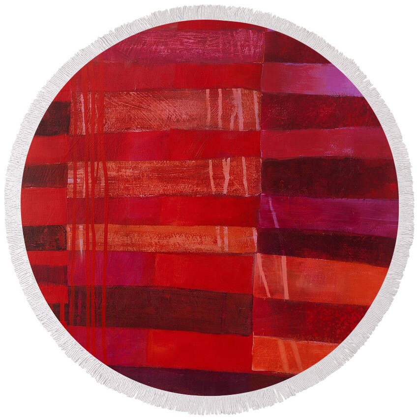 Abstract Art Round Beach Towel featuring the painting Red Stripes 2 by Jane Davies
