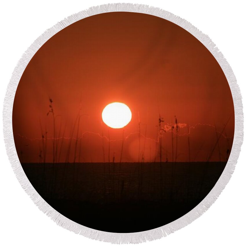 Sunset Round Beach Towel featuring the photograph Red Sunset and Grasses by Nadine Rippelmeyer