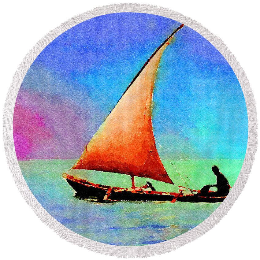 Boats Round Beach Towel featuring the painting Red Sunset by Angela Treat Lyon