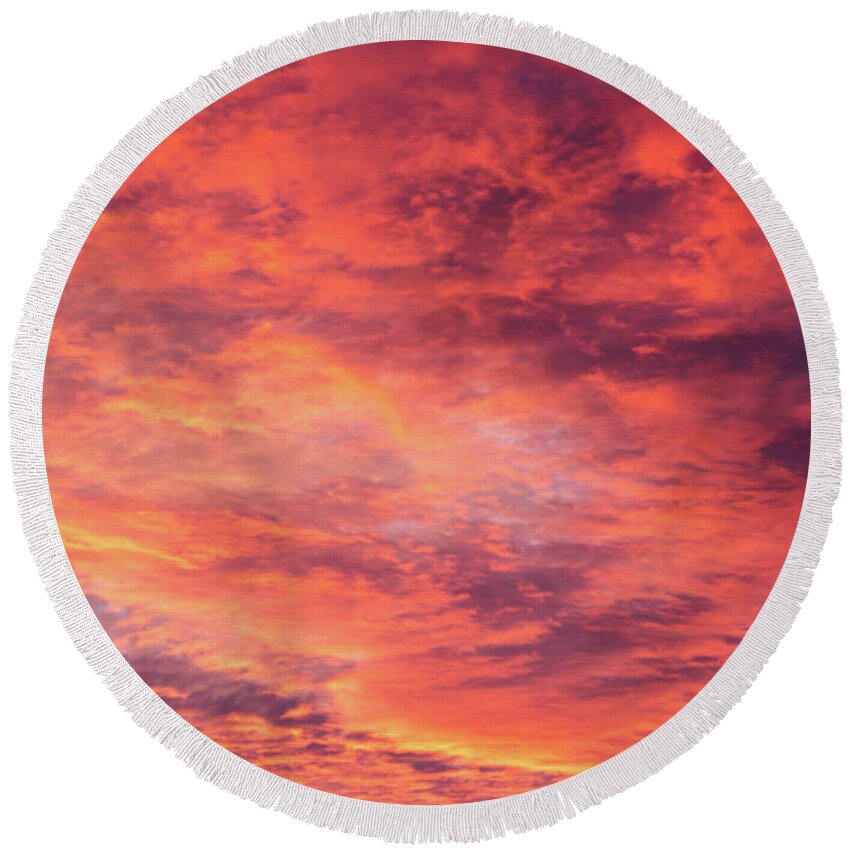 Sky Round Beach Towel featuring the photograph Red sunset sky by GoodMood Art