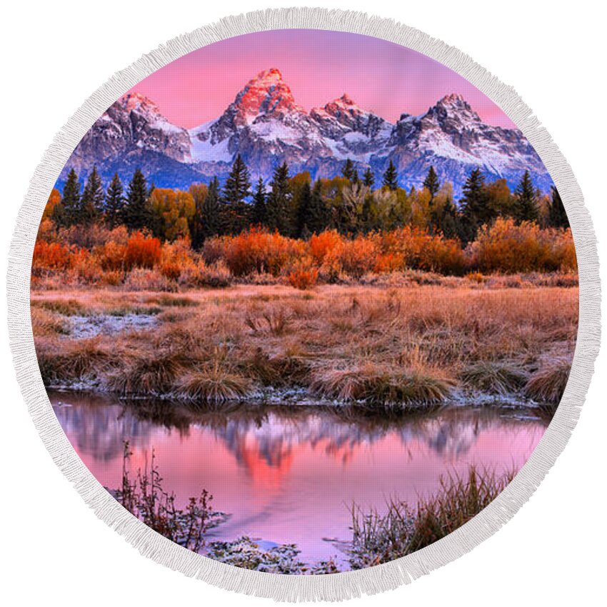 Grand Teton Round Beach Towel featuring the photograph Red Tip On The Grand by Adam Jewell