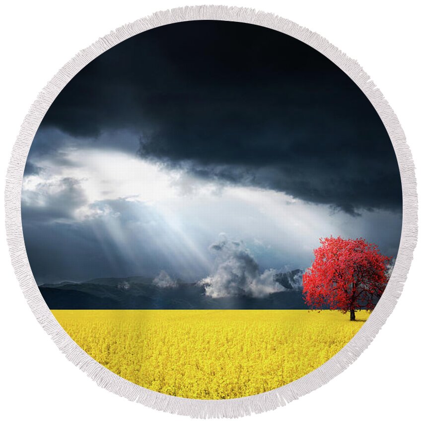 Autumn Round Beach Towel featuring the photograph Red Tree on Canola meadow by Bess Hamiti