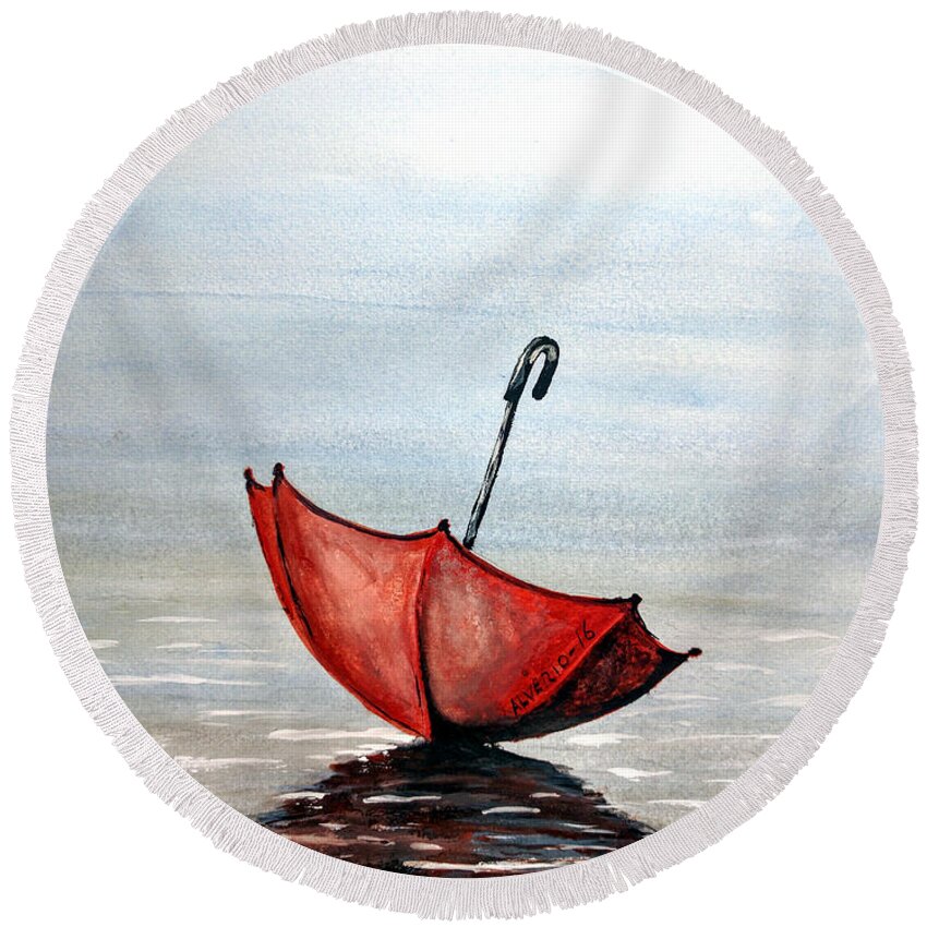 Red Round Beach Towel featuring the painting Red Umbrella by Edwin Alverio
