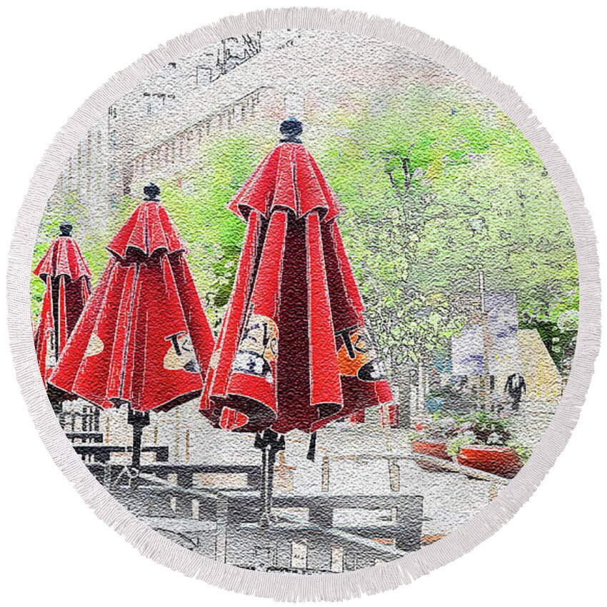 16th Street Mall Round Beach Towel featuring the digital art Award Winner Red Umbrellas by Deb Nakano