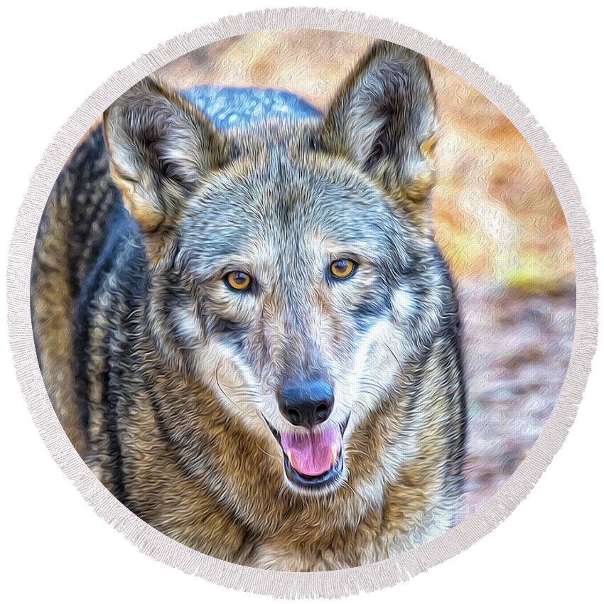 Nature Round Beach Towel featuring the digital art Red Wolf Staring - TWO by DB Hayes