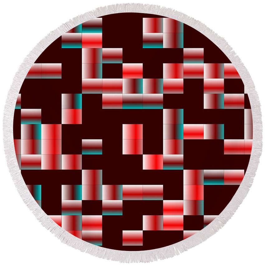 Rithmart Red Abstract Rectangles Black White Dark Blue Grey Gray Geometry Random Round Beach Towel featuring the digital art Red.121 by Gareth Lewis