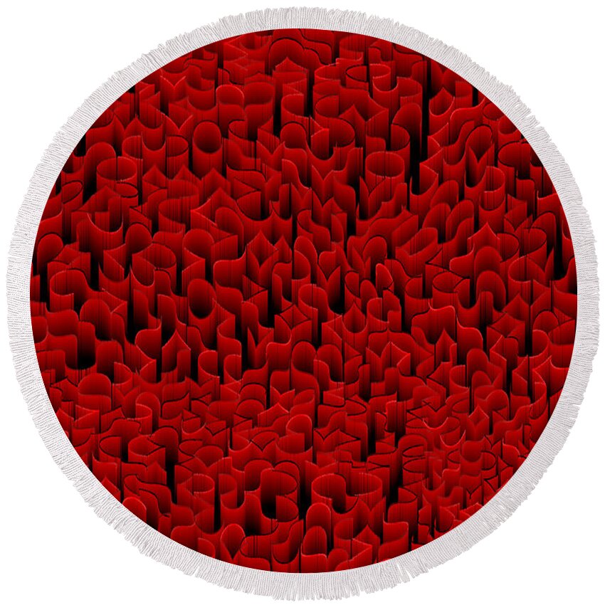 Rithmart Red Abstract Curves Wood Occlusion Shadow Depth Hive Comb Structure Plant Growth Organic Random Recursive Iterative Generative Digital Computer Algorithm Scale Texture Surface Fabric Round Beach Towel featuring the digital art Red.403 by Gareth Lewis