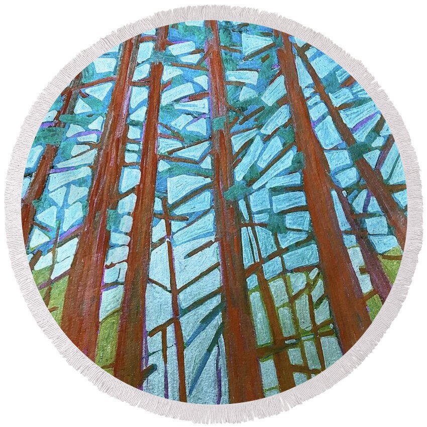 Nature Round Beach Towel featuring the painting Redwood trees by Wonju Hulse