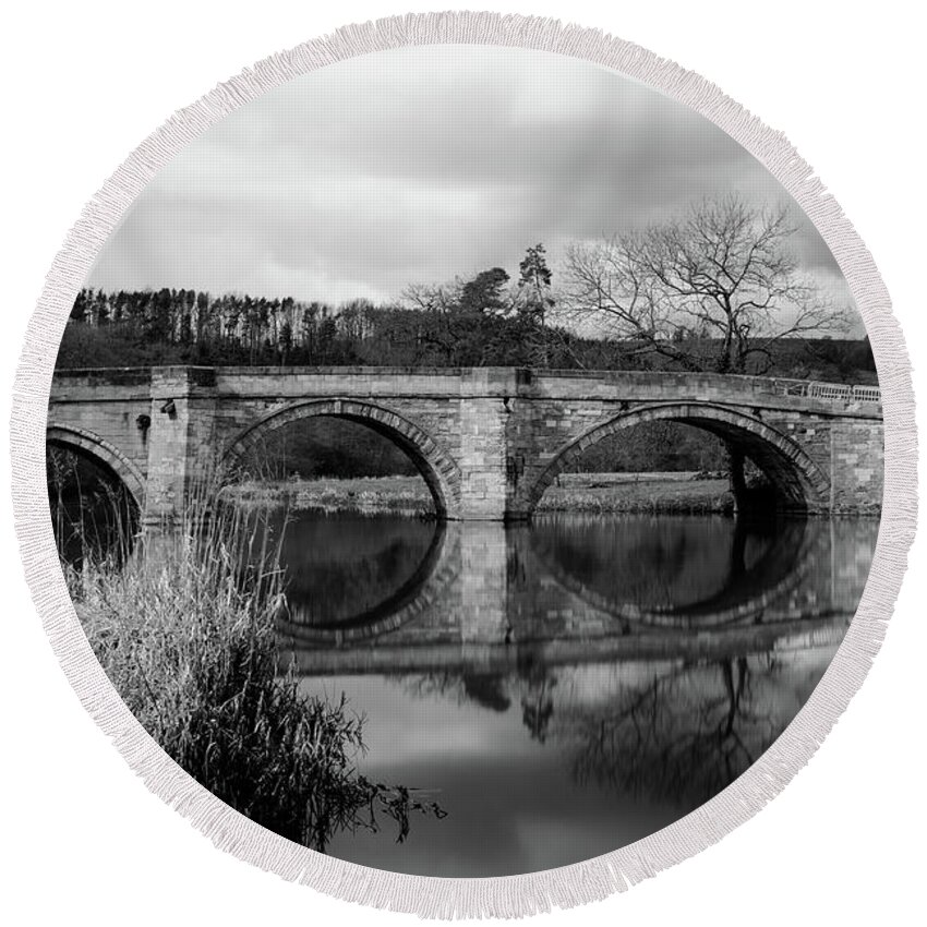 B & W Round Beach Towel featuring the photograph Reflecting Oval Stone Bridge in Blanc and White by Dennis Dame