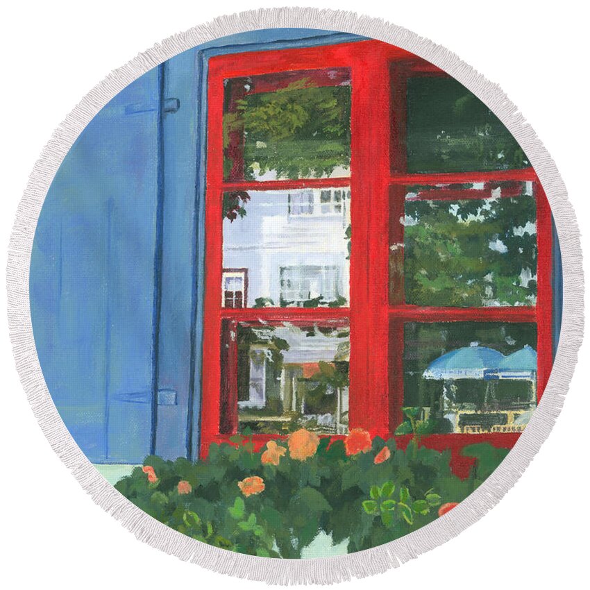 Window Round Beach Towel featuring the painting Reflecting Panes by Lynne Reichhart