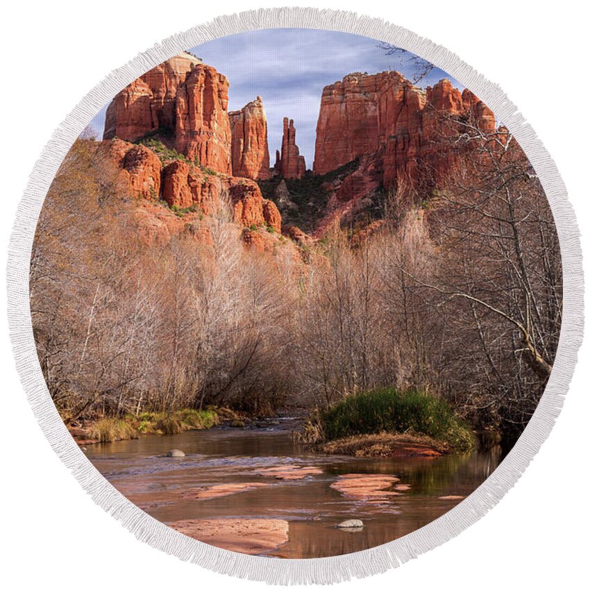 Sedona Round Beach Towel featuring the photograph Reflection of Cathedral Rock by Rick Strobaugh