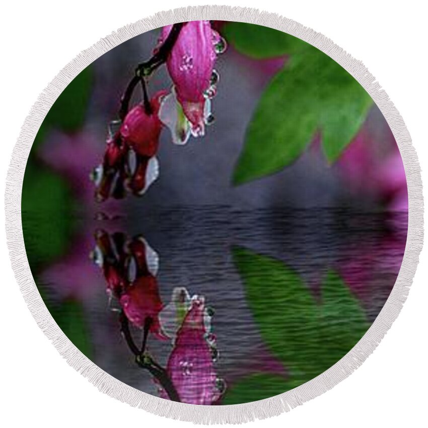 Flowers Round Beach Towel featuring the photograph Reflection on the water puddle by Yumi Johnson