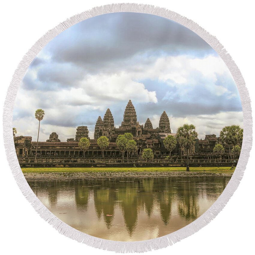 Angkor Wat Round Beach Towel featuring the photograph Reflections Angkor Wat Panorama by Chuck Kuhn