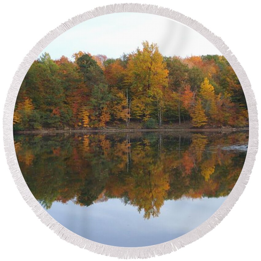 Landscape Round Beach Towel featuring the photograph Reflections at Boughton Park by Patricia Overmoyer