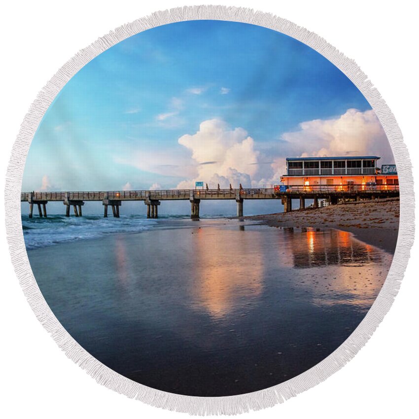 Clouds Round Beach Towel featuring the photograph Reflections at Dawn at the Pier by Debra and Dave Vanderlaan