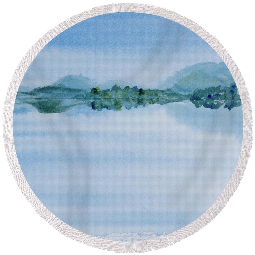 Australia Round Beach Towel featuring the painting Reflection of Mt Rugby in Bathurst Harbour by Dorothy Darden