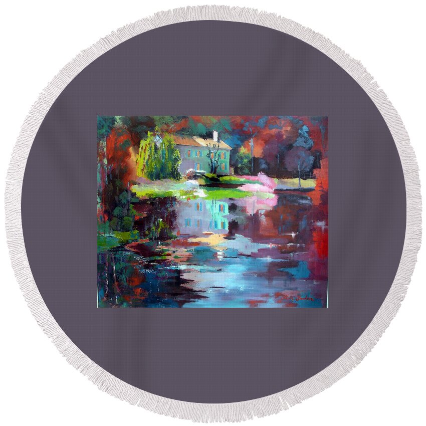 Marais Potevin Round Beach Towel featuring the painting Reflections in Coulon by Kim PARDON