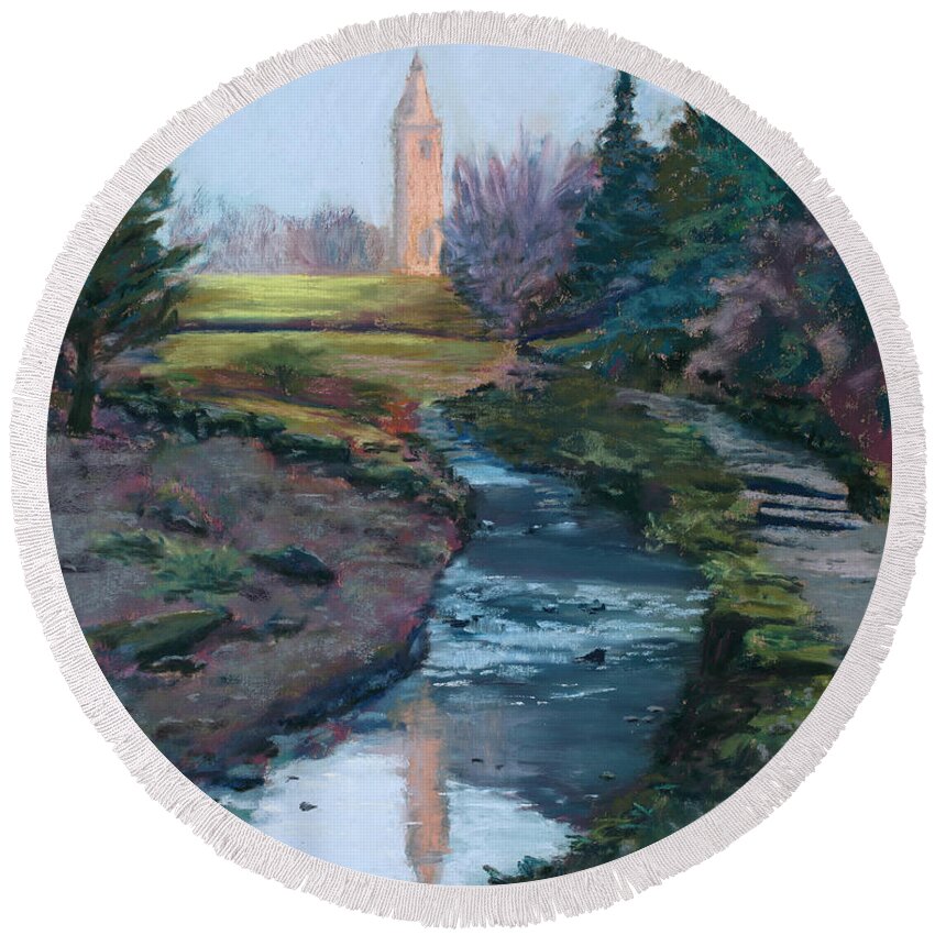 Uk Round Beach Towel featuring the painting Reflections in History by Mary Benke