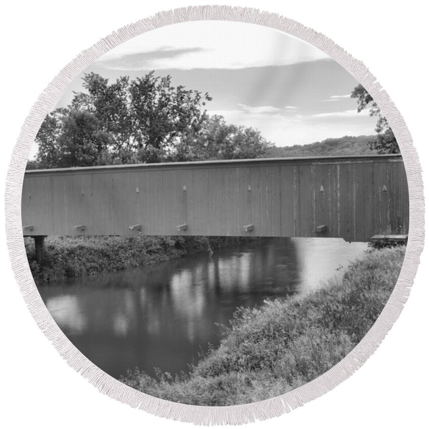 Hogback Covered Bridge Round Beach Towel featuring the photograph Reflections In The North River Black And White by Adam Jewell