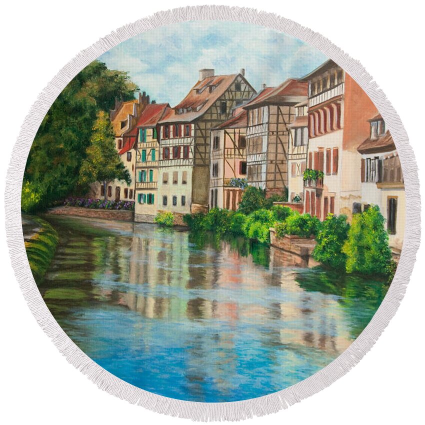 Strasbourg France Art Round Beach Towel featuring the painting Reflections Of Strasbourg by Charlotte Blanchard