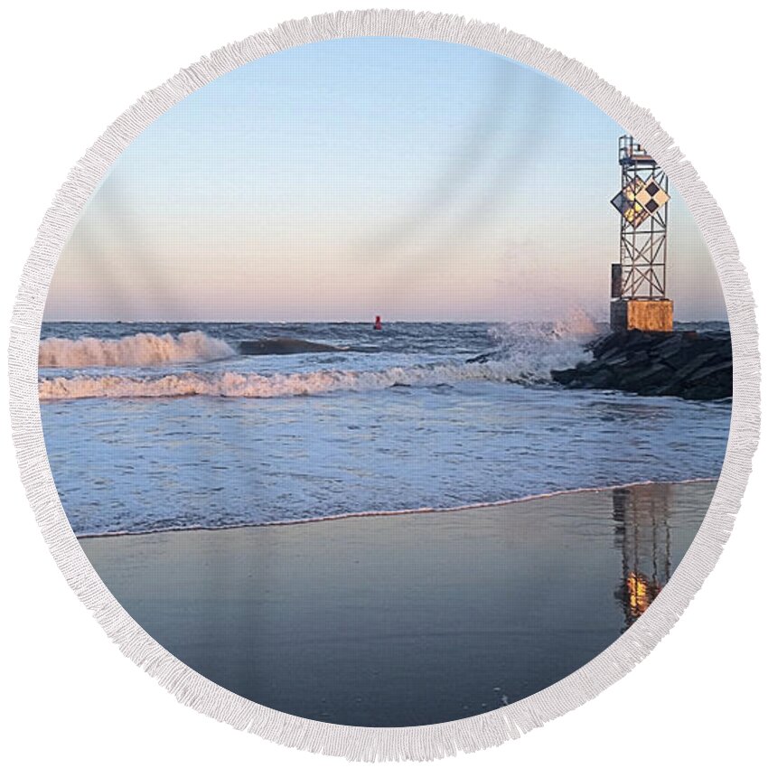 Ocean Round Beach Towel featuring the photograph Reflections of the Inlet Jetty by Robert Banach