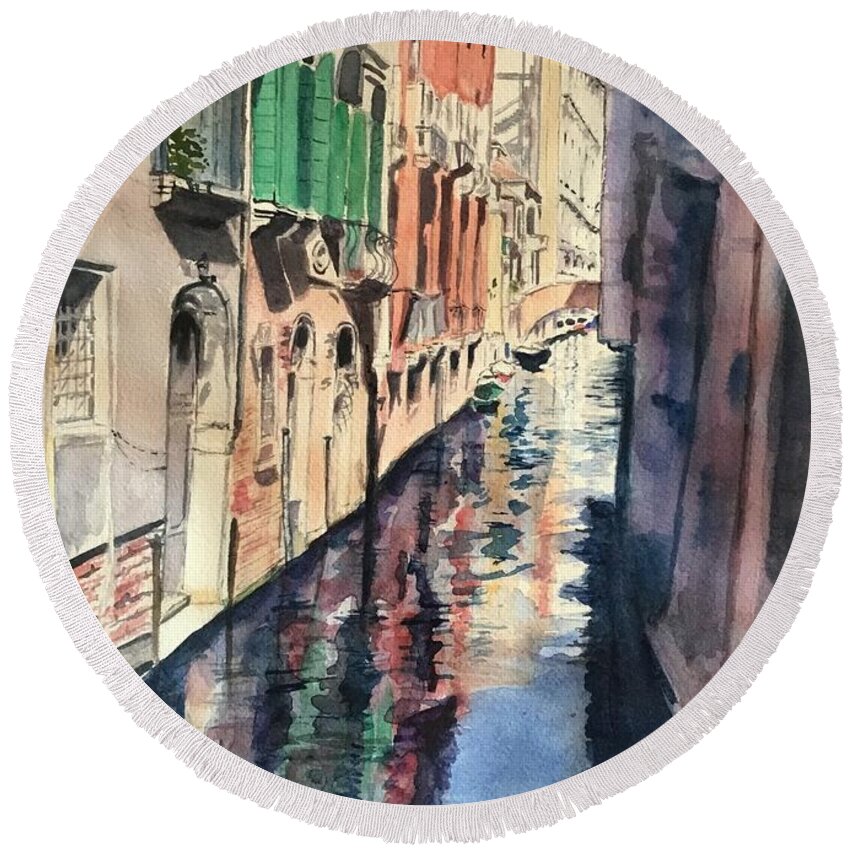 Venice Round Beach Towel featuring the painting Reflections on a Venice Canal by Sonia Mocnik