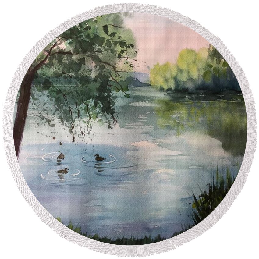Ducks Round Beach Towel featuring the painting Reflections by Watercolor Meditations