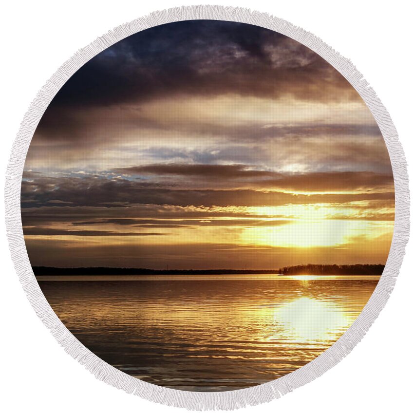 Cloudy Round Beach Towel featuring the photograph Reflective Sunset by Doug Long