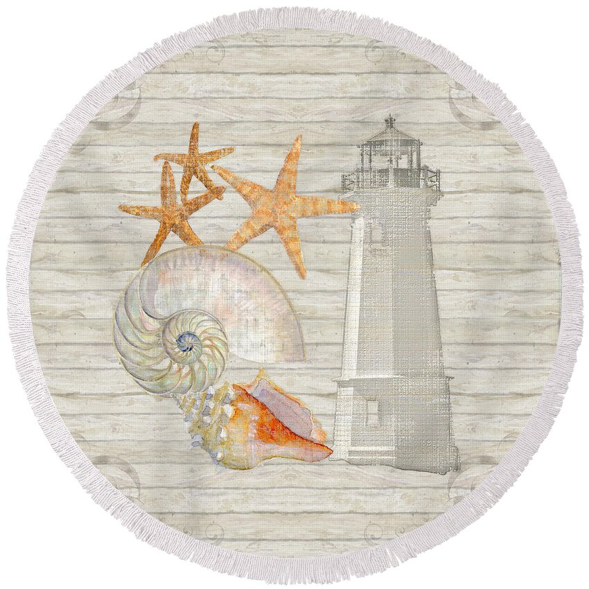 Lighthouse Round Beach Towel featuring the painting Refreshing Shores - Lighthouse Starfish Nautilus n Conch over driftwood background by Audrey Jeanne Roberts